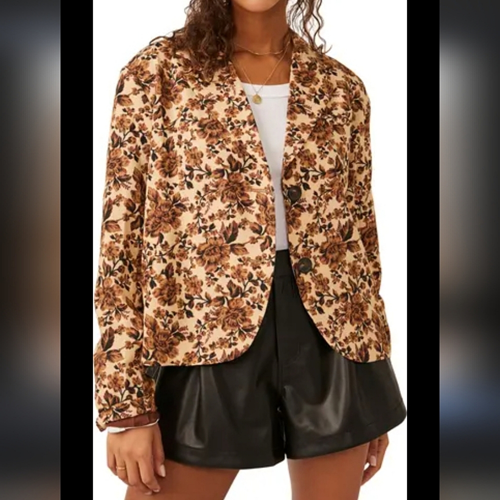 NWT Free People Cali Floral Boxy Floral Single Breasted Blazer Sand Combo XS
